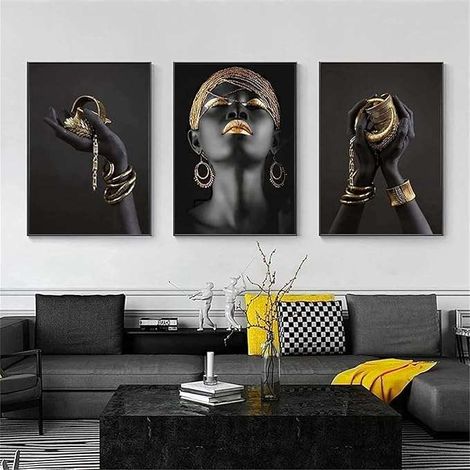 Póster decorativo para pared sobre lienzo sin marco, 3 láminas de 50x70 cm, mujer con labios dorados.