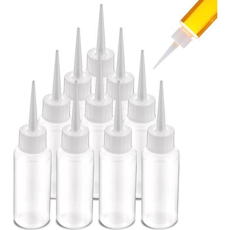 Juego de 10 botellas de plástico transparente de 50 ml con dosificador, ideales para líquidos, pegamento, vendas, salsas y aceites.
