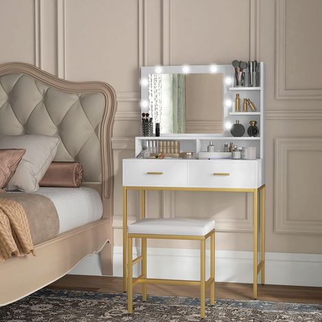 Schminktisch mit Spiegel, 2 Schubladen, 5 Ablagen und Hocker, aus MDF und Spanplatte, 80 x 40 x 138 cm, Weiß (1/5)