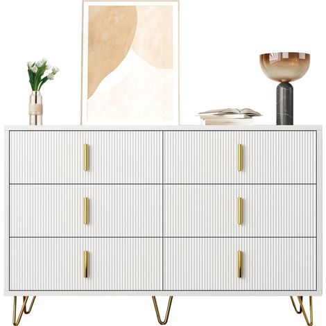 Buffet 6 tiroirs blanc et doré 120 cm, meuble de rangement design moderne à façade ondulée, avec poignées et pieds dorés, salon ou chambre CHICFURN (1/5)