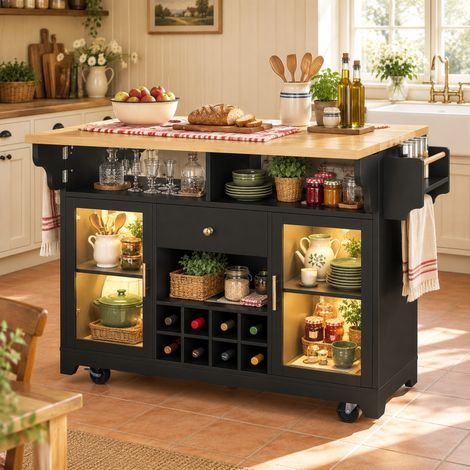 Carrello da cucina mobile LED RGB con piani ribaltabili, 120 x 80 x 95 cm, MDF nero REDOM (1/5)