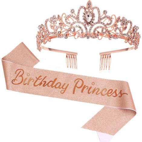 Sash - Tiara - Birthday Decoration Set - Adjustable Glitter Sash 170 cm - Rhinestone Crown - For Women - 1 Set (1/5)