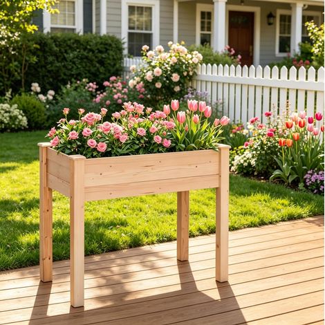 Bac potager surélevé 86x46x76 cm en bois de sapin naturel, drainage, pour extérieur – MEUBLIV (1/5)