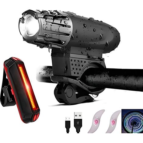 Phare Vélo Avant Et Arrière - LED Étanche Rechargeable USB - 4 Modes Réglables - Éclairage Roue Inclus - Lot De 2 (1/5)