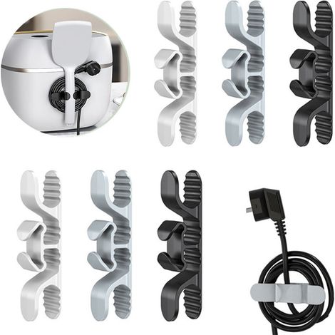 Lot de 6 - Enrouleur de câble sans perçage - Clip de gestion de câble - Clip de câble multifonctionnel - Organisateur de câble - Support de câble - Pour organiser les câbles de vos appareils - Blanc, (1/5)