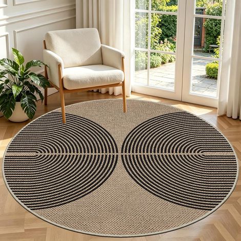 Tapis d'extérieur, rond, 160 cm, aspect jute, résistant aux intempéries, lavable, antidérapant, naturel, pour salon, balcon, terrasse, cuisine, jardin - Couleur : noir (1/5)