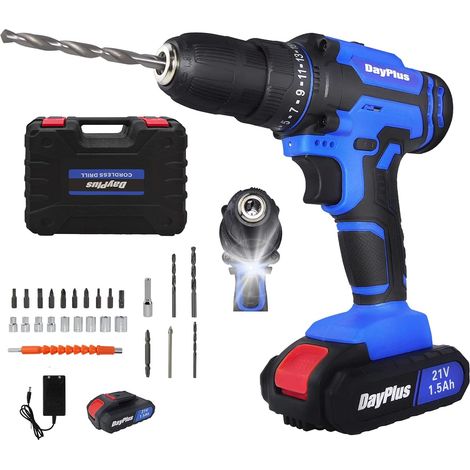 Perceuse Électrique Sans Fil Perceuse 21 volts, pilote avec jeu de Bits, mandrin sans clé de 3/8 pouces, réglage du couple 25+1, 2 vitesses, perceuse 26pcs, 1400rpm, Batterie 1500mAh, lumière LED (1/5)