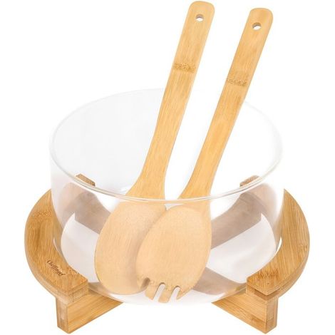 Saladier en Verre Base Bambou avec Ustensiles Inclus Ultra Pratique Cheffinger Transparent (1/5)