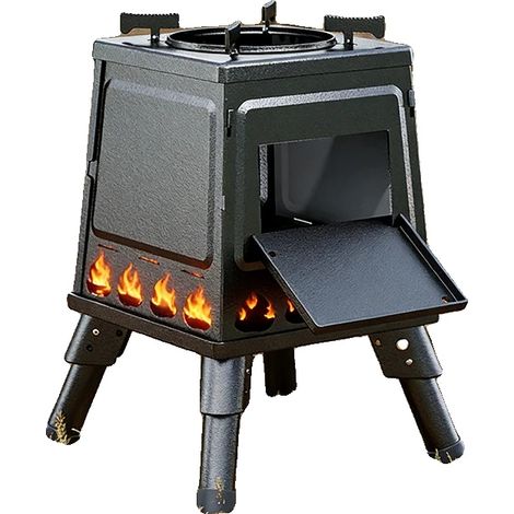 Poêle à bois portable, acier au carbone, taille dépliée 22 x 22 x 35 cm, taille pliée 24 x 24 x 10 cm, poids 3,2 kg, supports de casserole réglables (1/5)