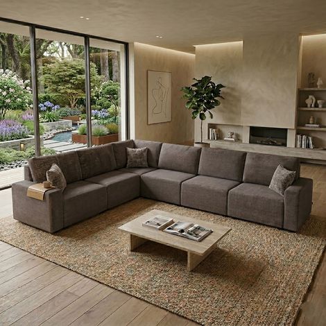 Canapé d'angle modulable 8 places en tissu texturé taupe - MODULYS (1/5)