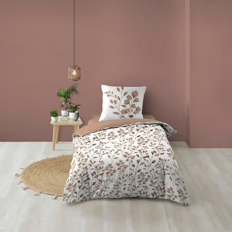 Parure de Lit 100% Coton – Housse de Couette et Taie d’Oreiller – Fermeture Pressions Discrètes – Maiwen – Certifiée Oeko-TEX - 200 x 140 cm - marron (1/5)