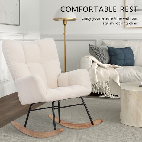 Sillón acogedor, Sillón mecedora, Silla mecedora, Rocking chair, Diseño elegante con Kufen de madera, acolchado grueso y respaldo ancho, Blanco
