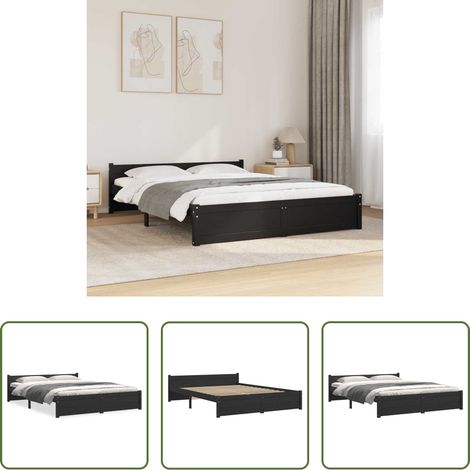 Bois de pin massif - Cadre de lit sans matelas noir bois massif 140x190 cm (1/5)