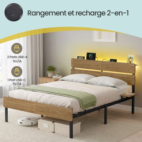 Cadre de Lit Simple, 90 x 190 cm, Cadre en Métal, Éclairage LED, Port USB et TYPE-C, Marron (1/5)