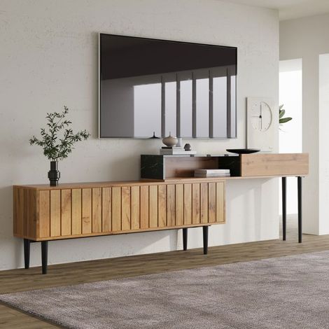 Meuble TV design marbre et veinage bois, bord PVC, pieds fer et couleur bois foncé Meuble TV avec rangement (1/5)