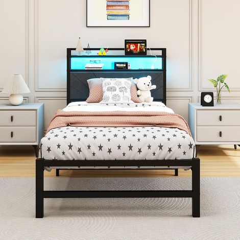 Bed 90 x 200 cm, metal slatted base, LED lighting, frame and headboard, charging station (2 AC outlets and 1 USB port) (1/5)