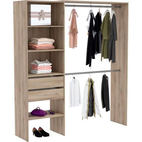 Armario 2 Barras colgadoras Columna con 4 estantes y 2 cajones habitacion Dormitorio vestidor 205x185x44 cm