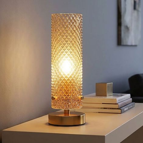 Lampada da tavolo a LED per soggiorno, con motivi dorati, interruttore, vetro, H 28,5 cm (1/5)
