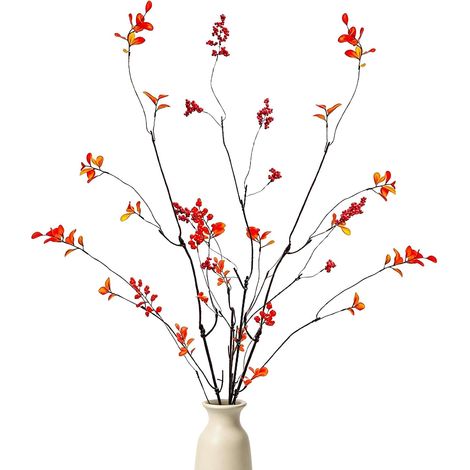 Lot de 3 branches de ficus artificielles, tiges d'automne, branches artificielles semblables à de vraies, 96 cm, troncs flexibles, décoration pour vases, bureaux, tables (rouge) (1/5)