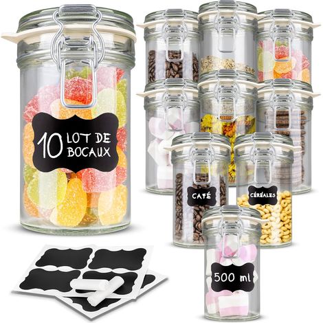 10 x Bocaux Hermétique en Verre avec Étiquettes et Craie 500ml (1/5)