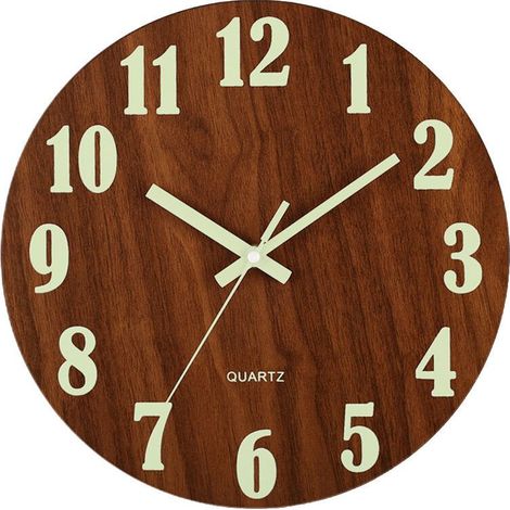 Reloj de pared silencioso de 30 cm (12 pulgadas) con iluminación, diseño de madera, luz nocturna, redondo, ideal para sala de estar y dormitorio. Se ilumina en la oscuridad. Números clásicos. (1/5)