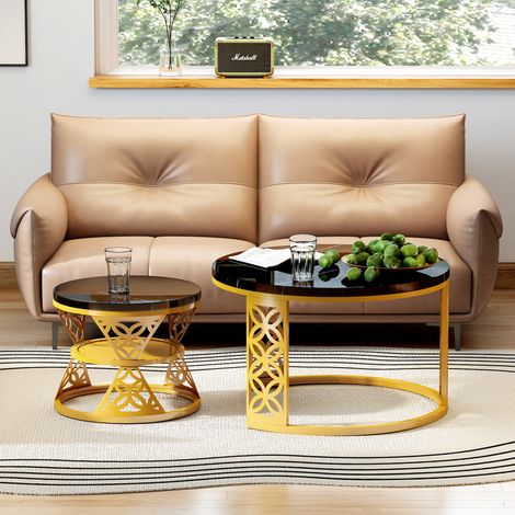 Modenuit 2er-Set Couchtische in Schwarz und Gold mit Marmor-Optik und Metallgestell (1/5)
