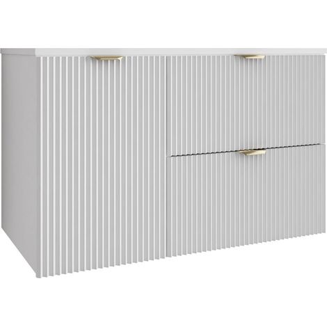 Mobile bagno con frontale scanalato 100 cm (60+40) con cesto portabiancheria, bianco con maniglia oro, 100 x 47 x 60 cm (1/5)