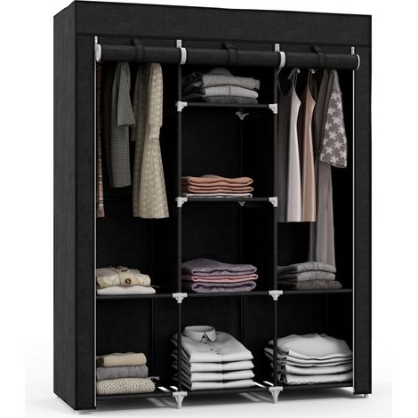 Armoire en tissu, solution de rangement avec 8 étagères et 2 tringles, finition noire, design pratique et spacieux, idéal pour chambre ou dressing (1/5)