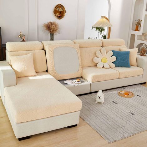 Universal wear-resistant, stretchable, non-slip L-shaped sofa cushion cover for chaise lounge (sea blue leaves, 1 seater) (1/5)