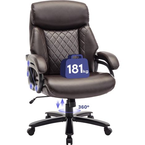 SMARTUE Silla Ejecutiva, con Reposabrazos Ajustables, Respaldo Estructurado y Asiento Extra Ancho de Piel Sintética, Color Marrón
