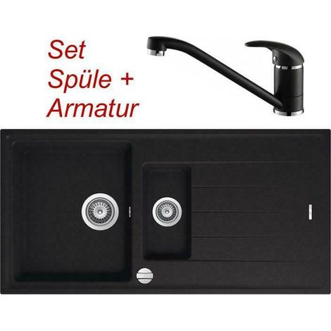 SET Granitspüle schwarz Victory S1000 + VAF Armatur 9205 schwarz Granitarmatur