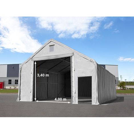 Zelthalle 8x12 m mit 4x3,4 m Tor, PRIMEtex 2300 PVC Plane, feuersicher grau  mit Statik (Betonuntergrund)
