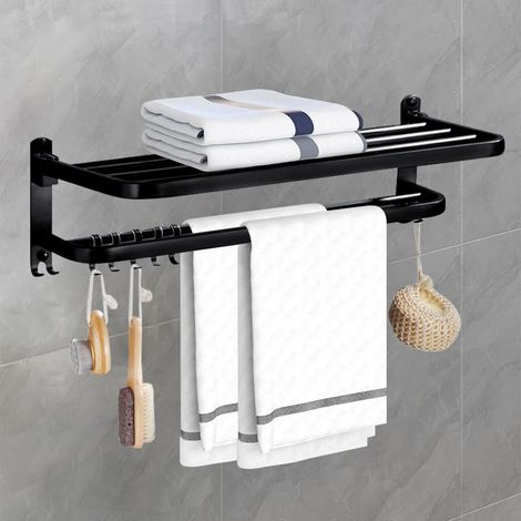 1 Porte-Serviettes Mural Pliable, Acier Inoxydable, 9 Crochets, Étagère 2 Niveaux, Pour Salle De Bains (1/5)