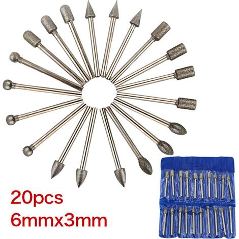 Fraises Diamant, 20Pcs Fraise Rotative Diamant (Foret/Tête/Pointe Diamantée) avec 3mm Tige pour Outil Rotatif (Meulage, Polissage, Gravure de Bricolage) (1/5)