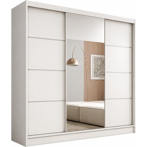 Armoire 3 portes coulissantes KERY 200cm avec miroir – Design moderne-Blanc/Argent