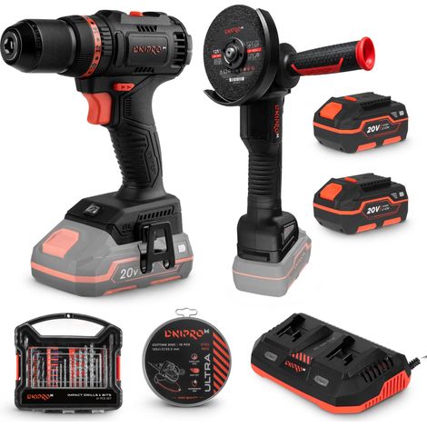Kit smerigliatrice Dnipro-M DGA-201BC ULTRA, trapano compatto Dnipro-M CD-201HBC, set da 41 pezzi, dischi, 2 batterie e caricabatterie