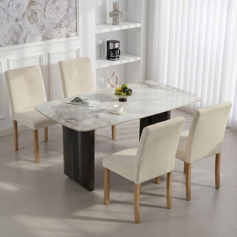 Pack de 4 Sillas de Comedor Respaldo Alto Tapizadas en Pana Asiento Acolchado Patas de Madera para Salón Beige (1/5)