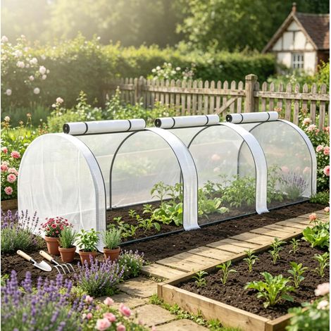 Serra tunnel da giardino 295 x 100 x 80 cm in acciaio e PE, 3 porte con zip bianche DESVIAE (1/5)