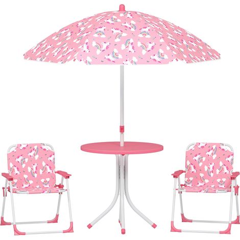 Ensemble table et chaises de jardin pour enfants 4 pièces, chaises pliantes, parasol amovible, motif licorne rose (1/5)