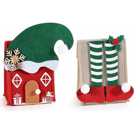 Borsette natalizie in panno a tema elfo con decori in rilievo e in legno e pompon, set da 6 pezzi, cm 14,5 x 7 x 16,5 H