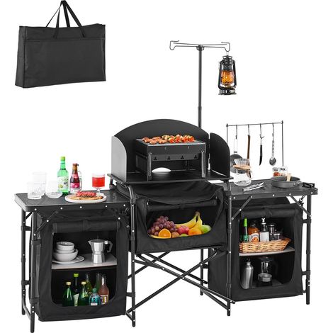 Cuisine de camping portable en aluminium, table de camping en plein air, avec 3 placards de rangement, sac de transport, pare-brise amovible, installation rapide pour barbecue, pique-nique, noir (1/5)