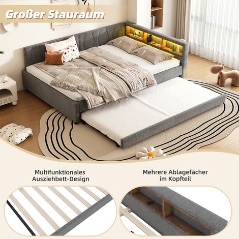 Lit de jour convertible 140x200 cm avec rangement intégré, ports USB-C et LED, sommier à lattes, lit gigogne en lin gris (sans matelas) (1/5)