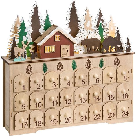 Decorazione di Natale in legno illuminato con luci LED Calendario dell'Avvento a batteria Scenario luminoso di Natale Marrone Helin