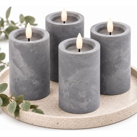 Relaxdays LED candles, set of 4, flickering flame, timer, concrete-effect pillar candles, HxD: 12.5 x 7.5 cm, grey (1/5)