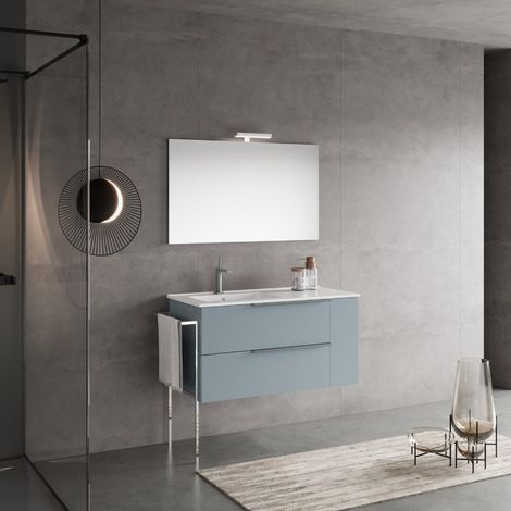 Kiamami Valentina – Meuble double vasque mural 100 cm – 2 tiroirs bleu clair mat – Lavabo en céramique à gauche – Finition MDF certifié FSC (1/5)