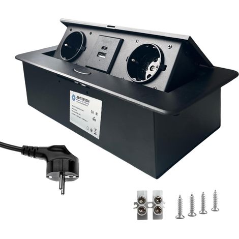Evotrade – Multiprise encastrable rétractable 2 prises Schuko + 2 ports USB 18W – Câble 1,5m – Pour bureaux et salles de réunion – Finition noire (1/5)