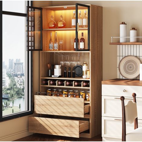 Badezimmerschrank mit Glastüren und LED-Beleuchtung, 80 x 40 x 180 cm, MDF, natur, OKMYHOME (1/5)