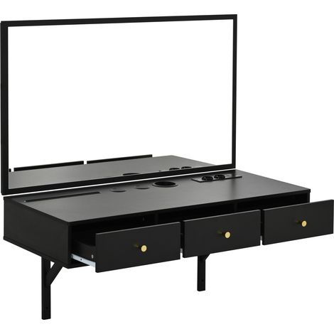 Tocador negro con espejo, 3 cajones, enchufe, soporte para móvil y portavasos, 100x45x105 cm (1/5)