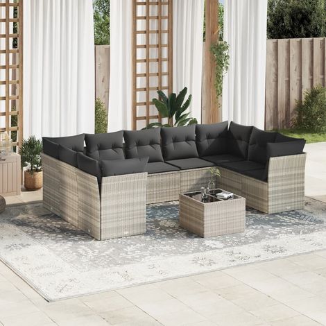 vidaXL Set Divano Giardino 10 pz con Cuscini Grigio Chiaro Polyrattan (1/3)