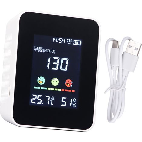 Détecteur de qualité d'air intérieur 5-en-1 (5V) : mesure du formaldéhyde, thermomètre, hygromètre, horloge et réveil, avec batterie intégrée incluse. (1/5)